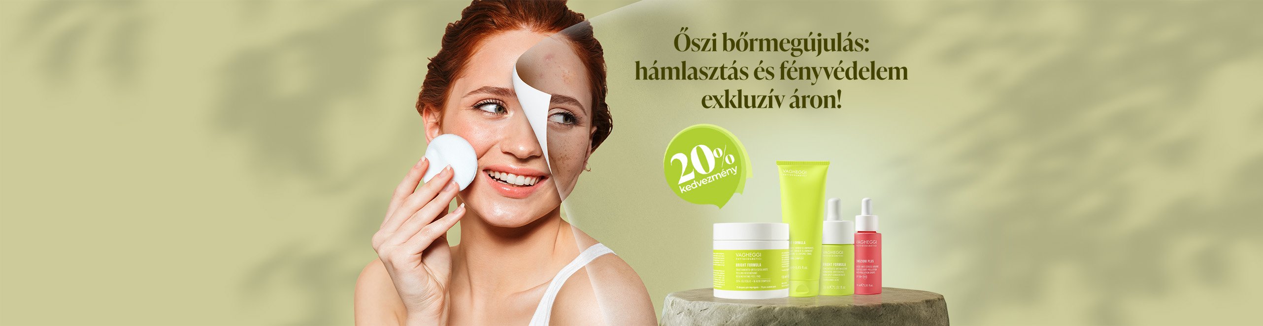 A képen Pokorny Lia látható. Sötét lilla háttérrel az új 75.25 Longevity termékcsaládból az arany színű 3D olaj, átlátszó ampulla és a nappali krém. A feliat a tgermékek alatt: Pokorny Lia ajánlásával.